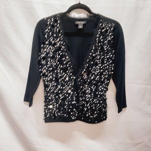 WHBM Black dressy faux pearls beads sequins frayed neckline front cardigan Med